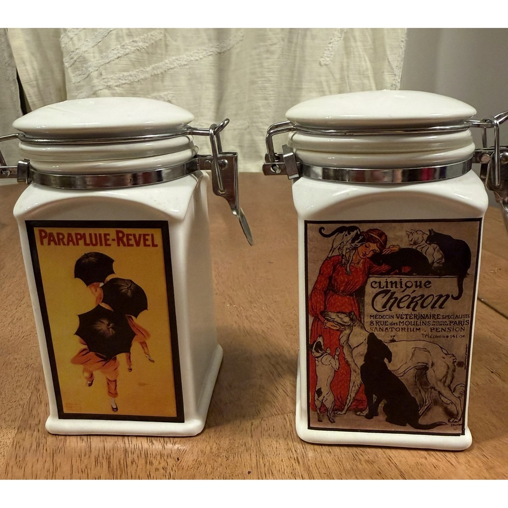 Vintage French Art Ceramic Canister Set of 2-Parapluie-Revel & Clinique Chéron